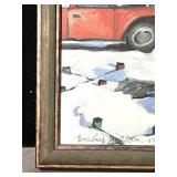 LLS - Emily Allen Original Artwork - Winter Scene with Snow, Workers & Red Pickup Truck