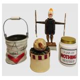 LLS - 10" Tall Handcrafted Bucket with Lidded Sweet Jar - Signed on Back (Folk Art Set)