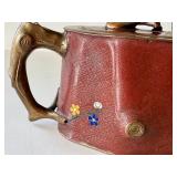 K - Chinese Cloisonné Teapot - Red Enamel, Gilded Branch Handles, Floral Motifs