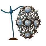 CB - Artisan-Crafted Wire Figure Sculpture with Coin Accents & Blue Filigree Brooch