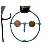 CB - Artisan-Crafted Wire Figure Sculpture with Coin Accents & Blue Filigree Brooch