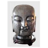 K - Stone Buddha Head Sculpture - Kannon Bodhisattva on Wooden Base