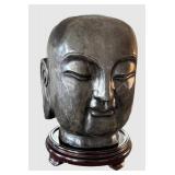 K - Stone Buddha Head Sculpture - Kannon Bodhisattva on Wooden Base