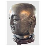 K - Stone Buddha Head Sculpture - Kannon Bodhisattva on Wooden Base