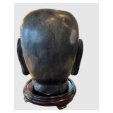K - Stone Buddha Head Sculpture - Kannon Bodhisattva on Wooden Base