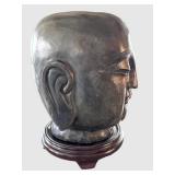 K - Stone Buddha Head Sculpture - Kannon Bodhisattva on Wooden Base
