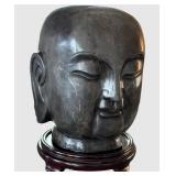 K - Stone Buddha Head Sculpture - Kannon Bodhisattva on Wooden Base