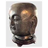 K - Stone Buddha Head Sculpture - Kannon Bodhisattva on Wooden Base