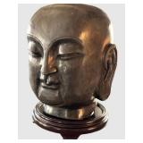 K - Stone Buddha Head Sculpture - Kannon Bodhisattva on Wooden Base