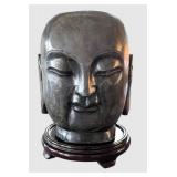 K - Stone Buddha Head Sculpture - Kannon Bodhisattva on Wooden Base
