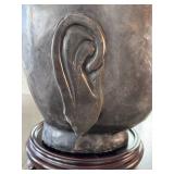 K - Stone Buddha Head Sculpture - Kannon Bodhisattva on Wooden Base