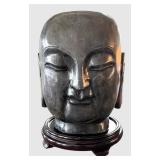 K - Stone Buddha Head Sculpture - Kannon Bodhisattva on Wooden Base