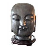 K - Stone Buddha Head Sculpture - Kannon Bodhisattva on Wooden Base