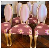 Chairs - Set of 6 Pink Custom Floral Upholstered Dining Chairs with Gold Legs