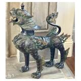 LR - Large Chinese Brass Foo Dragon Lion Dog Metal Sculpture