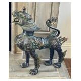 LR - Large Chinese Brass Foo Dragon Lion Dog Metal Sculpture