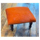 O - Cowhide Footstool - Orange Dyed, Studded Trim, Custom Upholstery