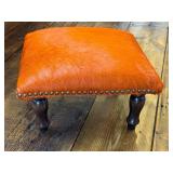 O - Cowhide Footstool - Orange Dyed, Studded Trim, Custom Upholstery