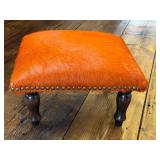 O - Cowhide Footstool - Orange Dyed, Studded Trim, Custom Upholstery