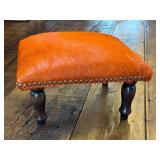 O - Cowhide Footstool - Orange Dyed, Studded Trim, Custom Upholstery