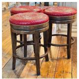 Bar Stools - Red Faux Crocodile Leather, 28 in H, Swivel, Antique Walnut Finish (Set of 3)