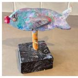 K1 - Ceramic Fish Sculpture on Wood Base - Handcrafted, 7 Inches, Signed