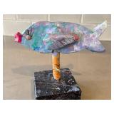 K1 - Ceramic Fish Sculpture on Wood Base - Handcrafted, 7 Inches, Signed