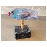 K1 - Ceramic Fish Sculpture on Wood Base - Handcrafted, 7 Inches, Signed