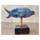 K1 - Ceramic Fish Sculpture on Wood Base - Handcrafted, 7 Inches, Signed