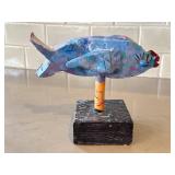 K1 - Ceramic Fish Sculpture on Wood Base - Handcrafted, 7 Inches, Signed