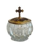 CB - Vintage Trinket Dish - 4-Inch Cut-Glass with Brass Lid & IHS Cross
