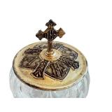 CB - Vintage Trinket Dish - 4-Inch Cut-Glass with Brass Lid & IHS Cross