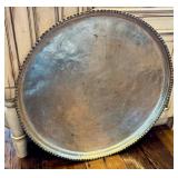 K - Large Vintage Copper Circular Tray - 29-Inch Diameter, Beaded Edge, Patina