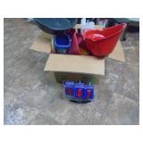 Box of pans & funnels. As shown. CASH ON SITE ONLY. PICKUP IS MONDAY MAY 4TH FROM 11 AM TO 4 PM. REGARDLESS WHAT THE SCHEDULE STATES.