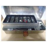 Tackle box with hardware & strap case. As shown. CASH ON SITE ONLY. PICKUP IS MONDAY MAY 4TH FROM 11 AM TO 4 PM. REGARDLESS WHAT THE SCHEDULE STATES.