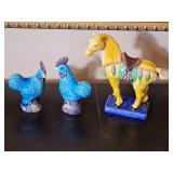 Blue Turquoise Aubergine Roosters & Tang Horse Figure