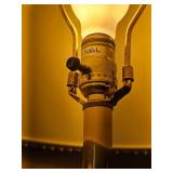 Polished Brass Stiffel Candlestick Table Lamp with Burgundy Off Tone.
