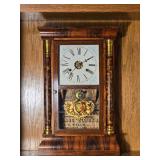 Antique E N Welch Shelf Clock with Reverse Painted Glass