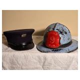 Antique Fireman Helmet with Siren Horn and Cap Group