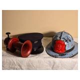 Antique Fireman Helmet with Siren Horn and Cap Group