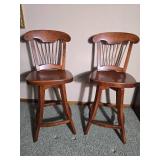 Pair of Solid Wood Swivel Bar Stools with Spindle Backs