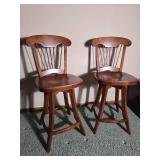 Pair of Solid Wood Swivel Bar Stools with Spindle Backs