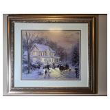 Framed Winter Homestead Print Horse Sleigh Scene Signed and Numbered