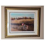 Framed American Countryside Print Children with Flag Signed - A. Selving