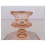 Hand Decorated Pink Depression Glass Console Bowl and Candle Holder