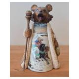 9" Traditional Russian Grizzley Santa Bear theme Hand-carved Hand-painted Wood Figurine (signed on bottom)