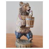 Vintage 13 1/2" Traditional Russian Traveling Bear with Pail of Food theme Hand-carved Hand-painted Wood Figurine