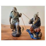 Lot of (2) Vintage Figurines Shiwan Mudmen / Chinese Fishermen theme Handcrafted Pottery / Clay with Colored Lead Glass Glaze / Mid 20th Century style