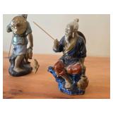 Lot of (2) Vintage Figurines Shiwan Mudmen / Chinese Fishermen theme Handcrafted Pottery / Clay with Colored Lead Glass Glaze / Mid 20th Century style