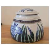 Lidded Canister (Signed) by Hamilton (2007) - Clay Pottery - titled  Warm Sun Shines on Water Mirroring Sky - Iris Unfurl Tender Petals Celebrating Morning 5 3/4" x 7"